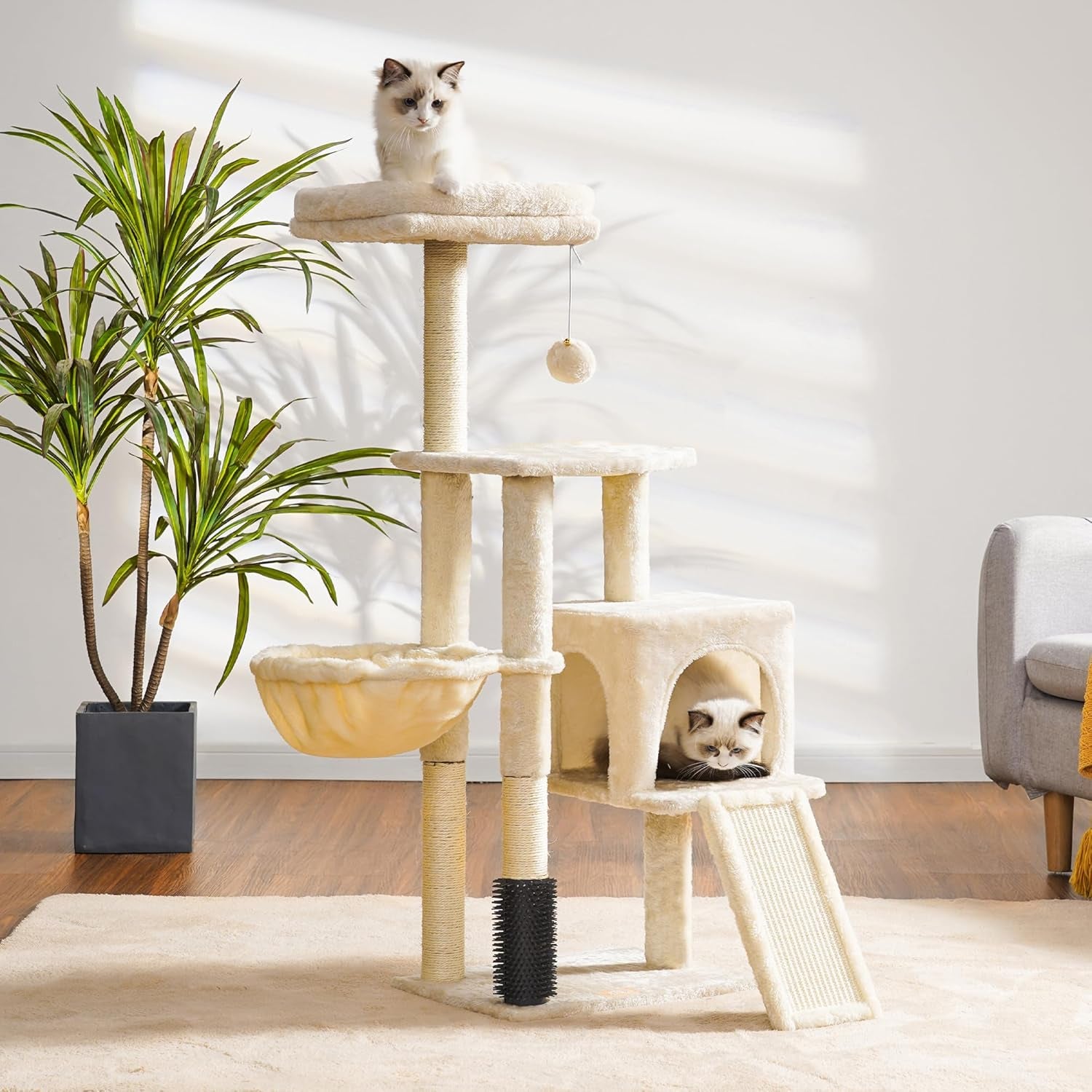 Cat Tree with Cat Self Groomer Brush, Cat Tower Condo for Indoor Cats with Padded Plush Perch, Cat House with Basket Scratching Board Post, Beige HCT005SM