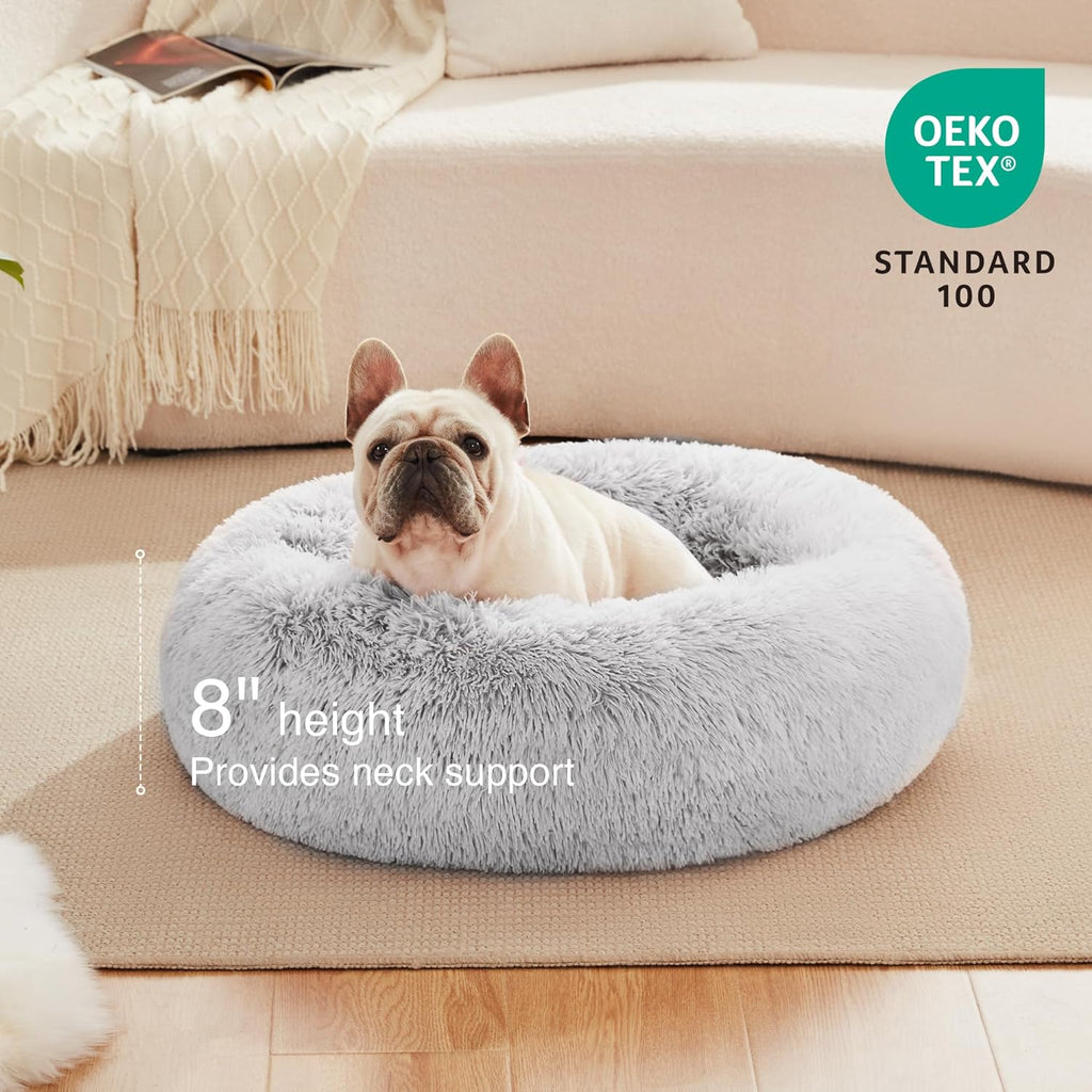 Calming Cat Bed for Indoor Cats,Anti-Anxiety Donut round Dog Bed,Fluffy Faux Fur Washable Pet Bed for Small Medium Dogs and Cats,Grey,24In